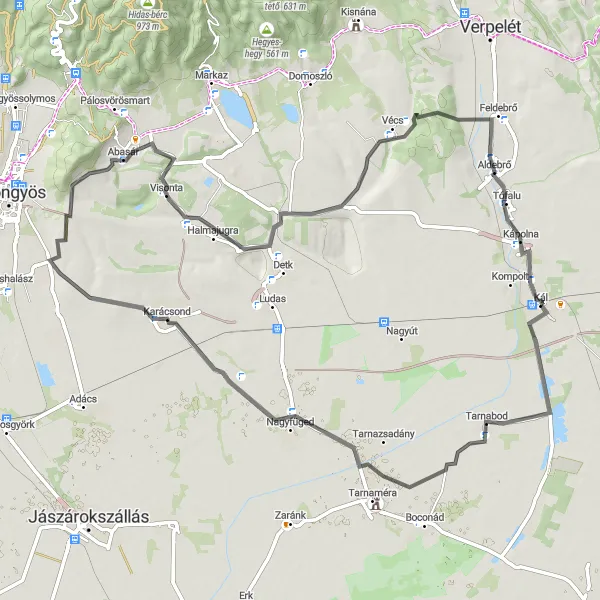 Map miniature of "Karácsond Loop" cycling inspiration in Észak-Magyarország, Hungary. Generated by Tarmacs.app cycling route planner