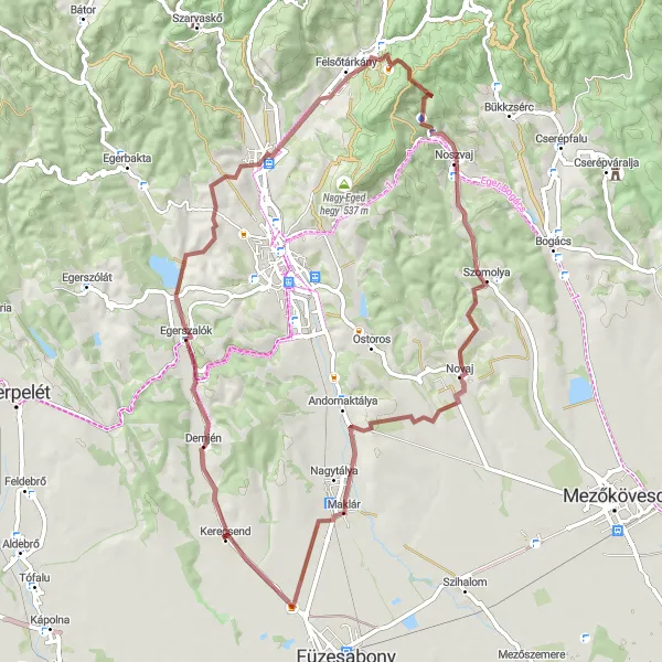 Map miniature of "Gravel Adventure to Kerecsend" cycling inspiration in Észak-Magyarország, Hungary. Generated by Tarmacs.app cycling route planner