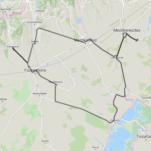 Map miniature of "Scenic Route to Mezőtárkány" cycling inspiration in Észak-Magyarország, Hungary. Generated by Tarmacs.app cycling route planner