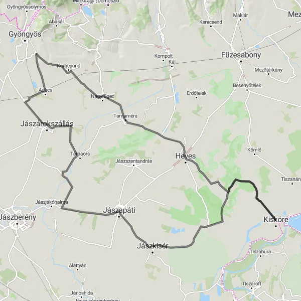 Map miniature of "Kisköre to Hevesvezekény Loop" cycling inspiration in Észak-Magyarország, Hungary. Generated by Tarmacs.app cycling route planner