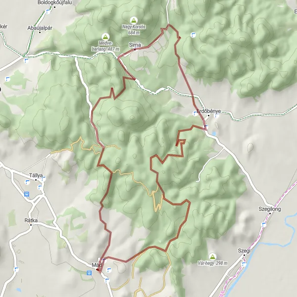 Map miniature of "Stunning Gravel Adventure to Erdőbénye" cycling inspiration in Észak-Magyarország, Hungary. Generated by Tarmacs.app cycling route planner