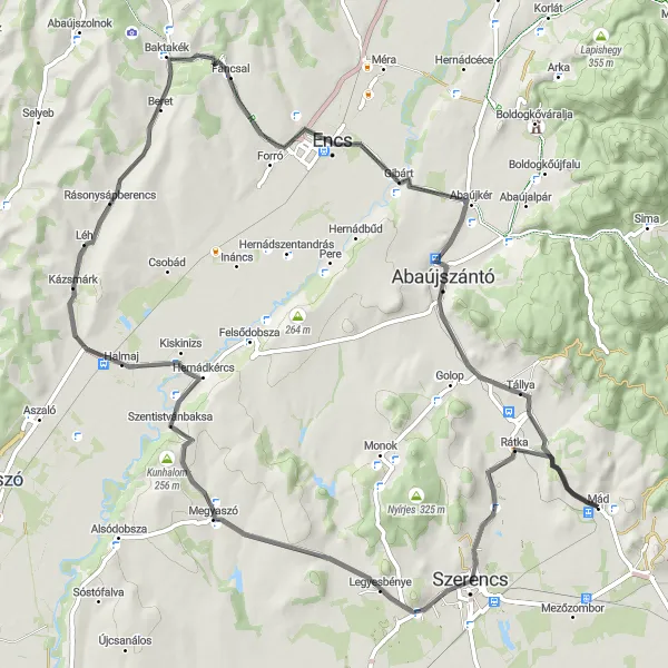 Map miniature of "Scenic Road Cycling Loop through Tállya" cycling inspiration in Észak-Magyarország, Hungary. Generated by Tarmacs.app cycling route planner