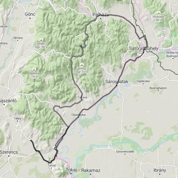 Map miniature of "The Wine Route" cycling inspiration in Észak-Magyarország, Hungary. Generated by Tarmacs.app cycling route planner