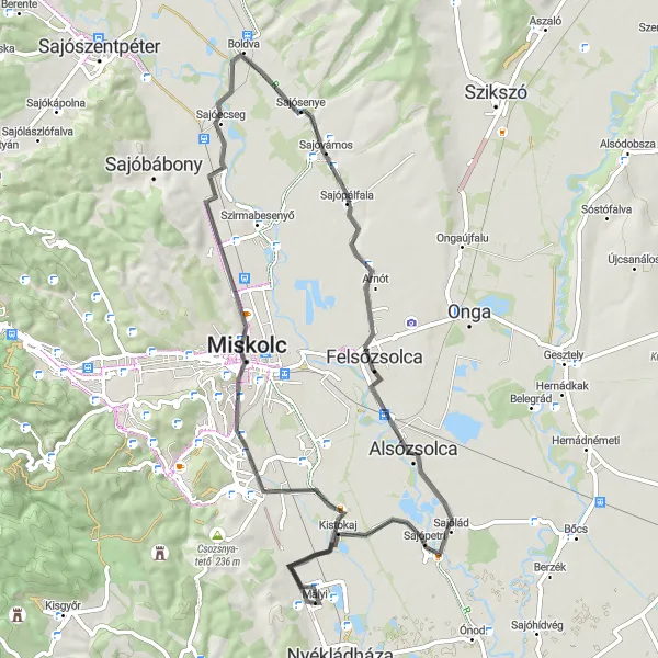 Map miniature of "Scenic road ride with minimal ascent near Mályi" cycling inspiration in Észak-Magyarország, Hungary. Generated by Tarmacs.app cycling route planner