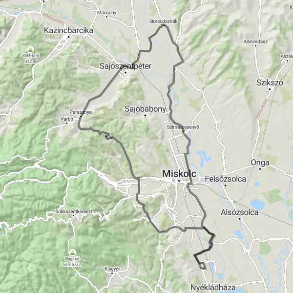 Map miniature of "Challenging road ride with stunning viewpoints near Mályi" cycling inspiration in Észak-Magyarország, Hungary. Generated by Tarmacs.app cycling route planner