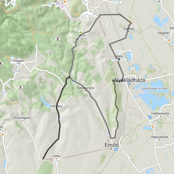 Map miniature of "Road Cycling to Harsány" cycling inspiration in Észak-Magyarország, Hungary. Generated by Tarmacs.app cycling route planner