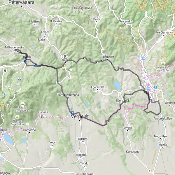 Map miniature of "Mátraderecske - Nagy-Várhegy Loop (Road)" cycling inspiration in Észak-Magyarország, Hungary. Generated by Tarmacs.app cycling route planner