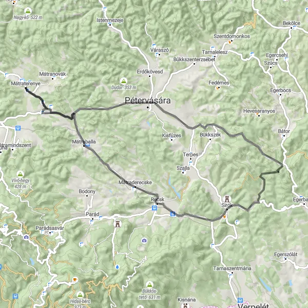 Map miniature of "Mátraterenye to Nádújfalu Road Cycling Route" cycling inspiration in Észak-Magyarország, Hungary. Generated by Tarmacs.app cycling route planner