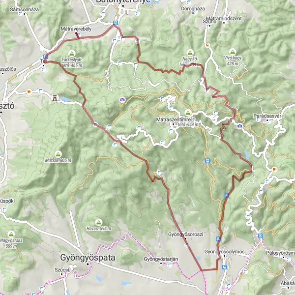 Map miniature of "Mátraverebély Gravel Explorer" cycling inspiration in Észak-Magyarország, Hungary. Generated by Tarmacs.app cycling route planner