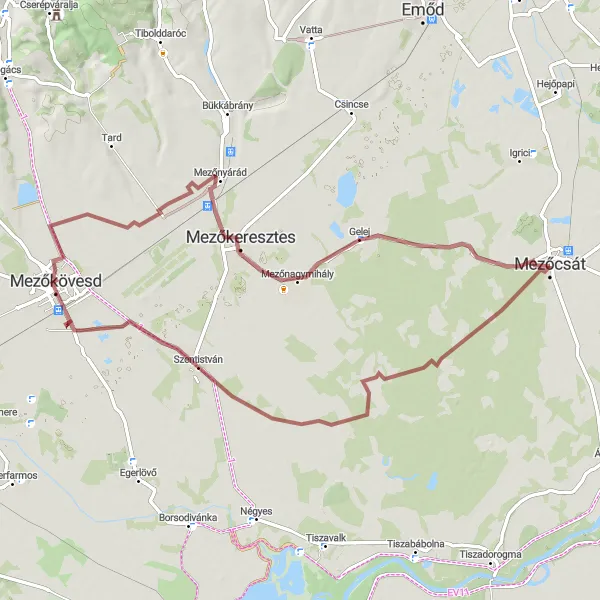 Map miniature of "Mezőcsát - Szentistván - Mezőkövesd - Mezőkeresztes - Gelej - Mezőcsát gravel route" cycling inspiration in Észak-Magyarország, Hungary. Generated by Tarmacs.app cycling route planner