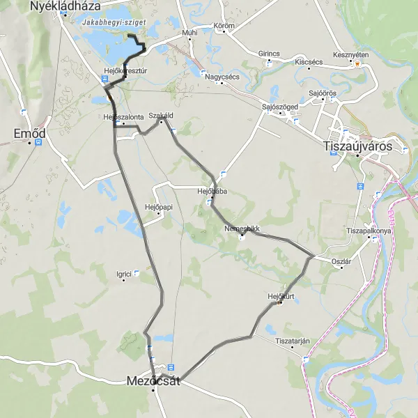Map miniature of "Mezőcsát - Hejőkeresztúr - Hejőbába - Hejőkürt - Mezőcsát road route" cycling inspiration in Észak-Magyarország, Hungary. Generated by Tarmacs.app cycling route planner