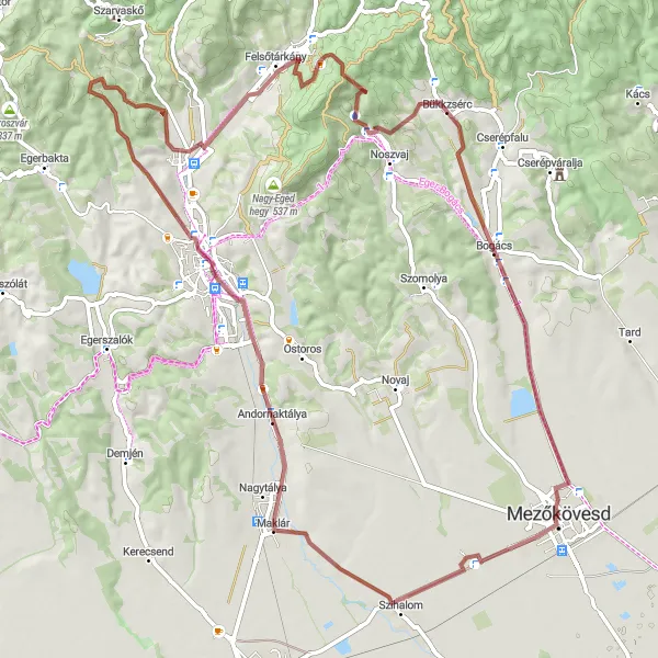 Map miniature of "Mezőkövesd to Mott-hegy Gravel Route" cycling inspiration in Észak-Magyarország, Hungary. Generated by Tarmacs.app cycling route planner