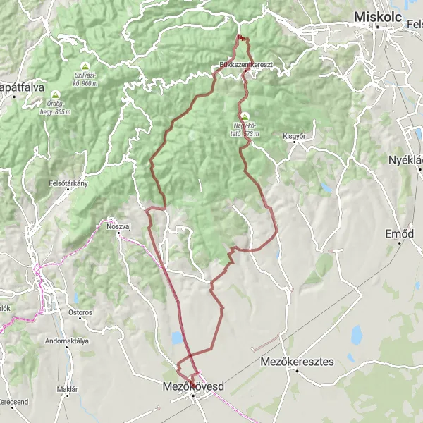 Map miniature of "Mezőkövesd to Nagy-bodzás Gravel Route" cycling inspiration in Észak-Magyarország, Hungary. Generated by Tarmacs.app cycling route planner