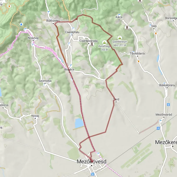 Map miniature of "Mezőkövesd to Kerek-hegy Gravel Route" cycling inspiration in Észak-Magyarország, Hungary. Generated by Tarmacs.app cycling route planner