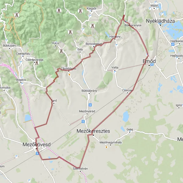 Map miniature of "Mezőkövesd to Csincse Gravel Route" cycling inspiration in Észak-Magyarország, Hungary. Generated by Tarmacs.app cycling route planner