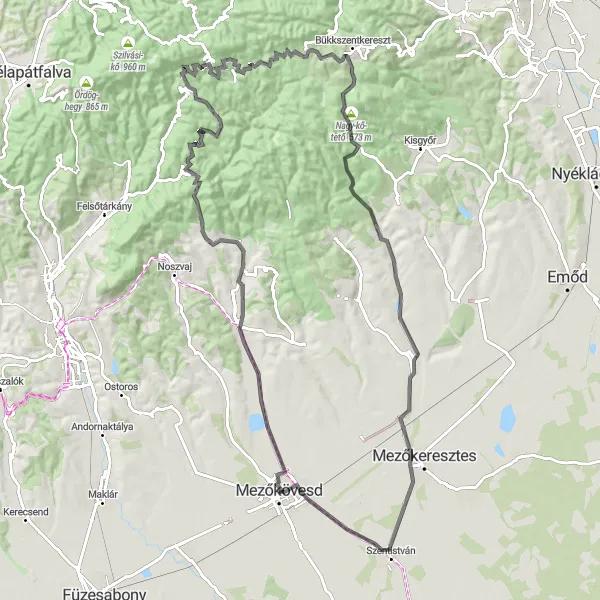 Map miniature of "Mezőkövesd - Bükkszentkereszt Loop" cycling inspiration in Észak-Magyarország, Hungary. Generated by Tarmacs.app cycling route planner