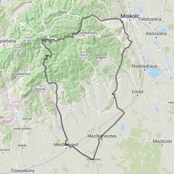 Map miniature of "Mezőkövesd - Lillafüred Loop" cycling inspiration in Észak-Magyarország, Hungary. Generated by Tarmacs.app cycling route planner