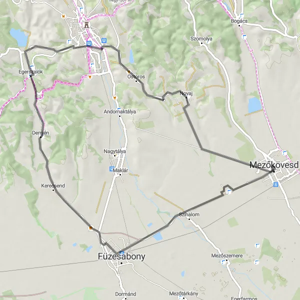 Map miniature of "Mezőkövesd to Egerszalók Road Route" cycling inspiration in Észak-Magyarország, Hungary. Generated by Tarmacs.app cycling route planner