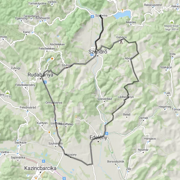 Map miniature of "Scenic Road Escape from Múcsony" cycling inspiration in Észak-Magyarország, Hungary. Generated by Tarmacs.app cycling route planner