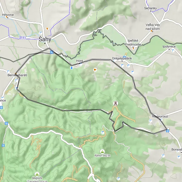 Map miniature of "Nagyoroszi-Drégelyvár-Kőkapu-Šahy-Bába-hegy Cycling Route" cycling inspiration in Észak-Magyarország, Hungary. Generated by Tarmacs.app cycling route planner