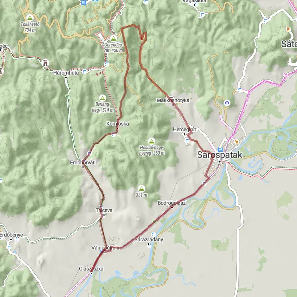 Map miniature of "The Gravel Tour of Olaszliszka" cycling inspiration in Észak-Magyarország, Hungary. Generated by Tarmacs.app cycling route planner