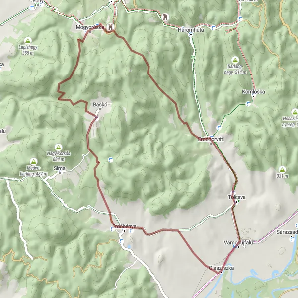 Map miniature of "Vámosújfalu Gravel Loop" cycling inspiration in Észak-Magyarország, Hungary. Generated by Tarmacs.app cycling route planner