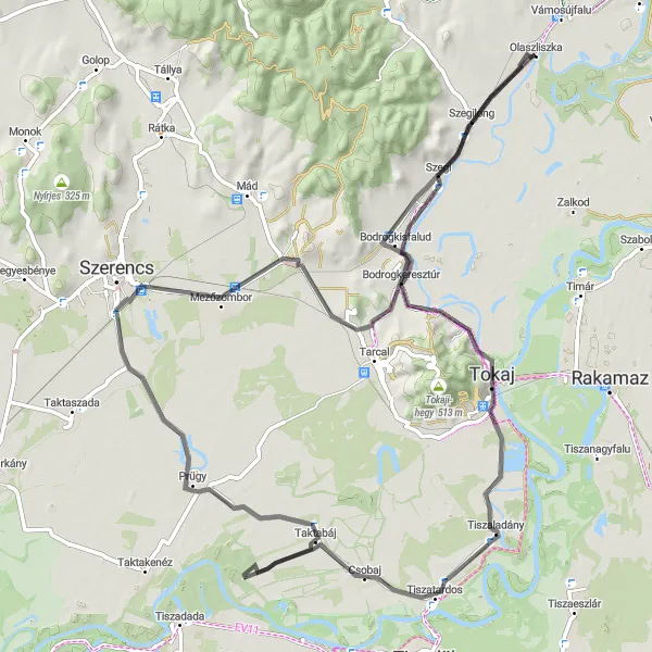 Map miniature of "Bodrogkeresztúr Loop" cycling inspiration in Észak-Magyarország, Hungary. Generated by Tarmacs.app cycling route planner
