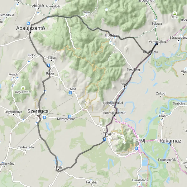 Map miniature of "Picturesque Road Cycling Tour from Olaszliszka" cycling inspiration in Észak-Magyarország, Hungary. Generated by Tarmacs.app cycling route planner