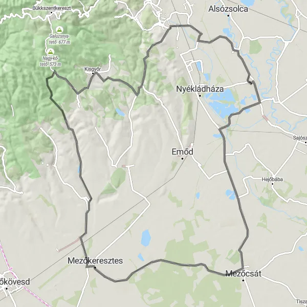 Map miniature of "Ónod-Hejőkeresztúr-Mezőcsát-Sály-Rábagörömböly-Olah-Pusztaköze" cycling inspiration in Észak-Magyarország, Hungary. Generated by Tarmacs.app cycling route planner
