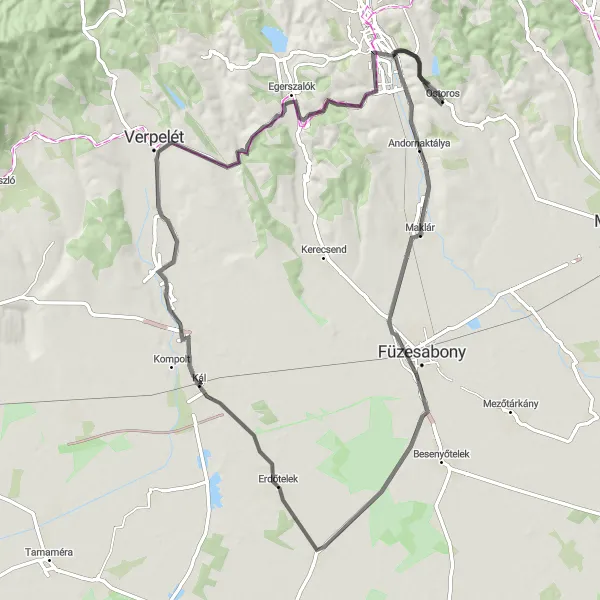 Map miniature of "Road Route to Dormánd and Feldebrő" cycling inspiration in Észak-Magyarország, Hungary. Generated by Tarmacs.app cycling route planner