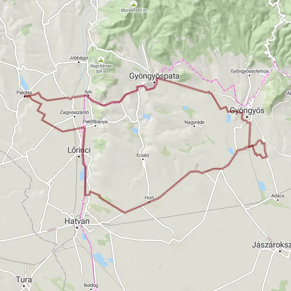 Map miniature of "Gyongyoshalasz Round-trip" cycling inspiration in Észak-Magyarország, Hungary. Generated by Tarmacs.app cycling route planner