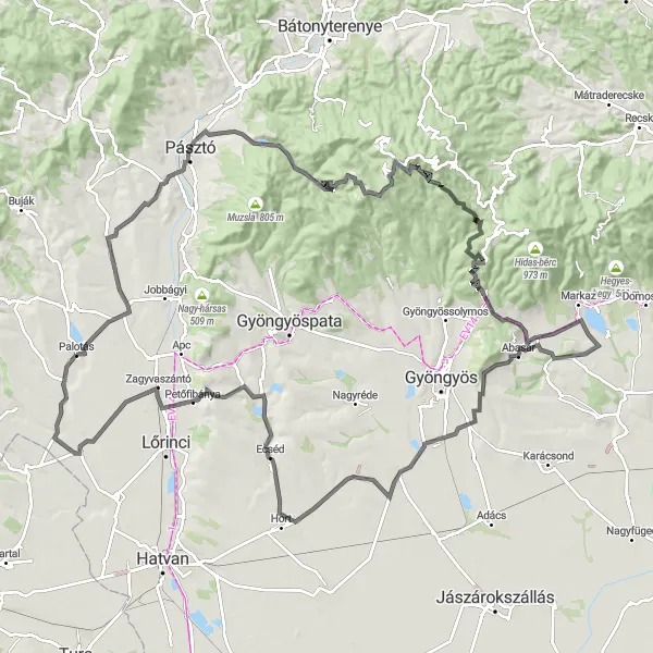 Map miniature of "Scenic Road Loop from Palotás" cycling inspiration in Észak-Magyarország, Hungary. Generated by Tarmacs.app cycling route planner