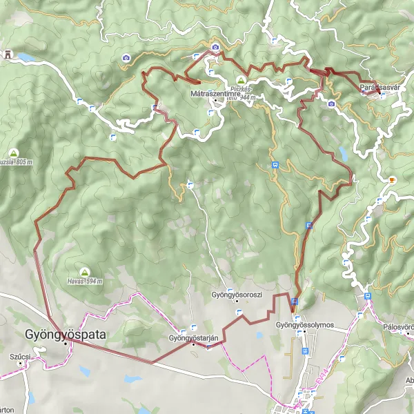 Map miniature of "Gyöngyös Gravel Loop" cycling inspiration in Észak-Magyarország, Hungary. Generated by Tarmacs.app cycling route planner
