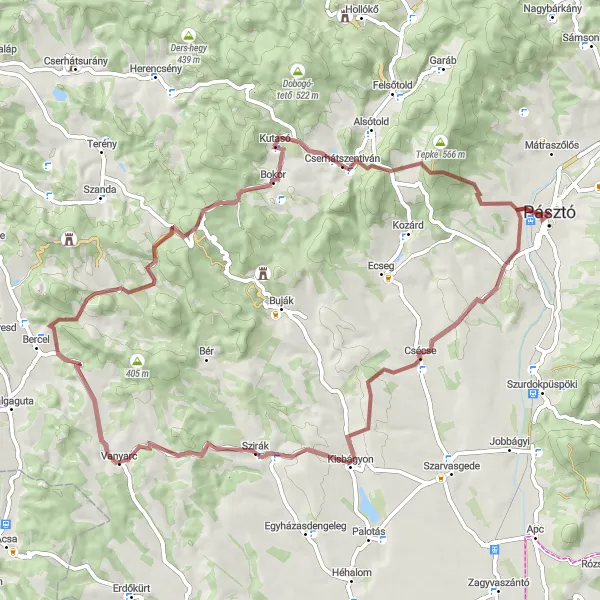 Map miniature of "Pásztó Gravel Adventure" cycling inspiration in Észak-Magyarország, Hungary. Generated by Tarmacs.app cycling route planner