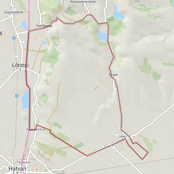 Map miniature of "Gravel Adventure to Lőrinci" cycling inspiration in Észak-Magyarország, Hungary. Generated by Tarmacs.app cycling route planner