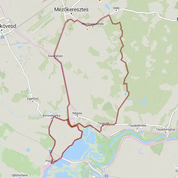 Map miniature of "Poroszló Gravel Adventure" cycling inspiration in Észak-Magyarország, Hungary. Generated by Tarmacs.app cycling route planner
