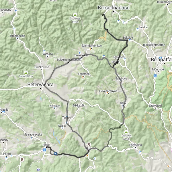 Map miniature of "Recsk - Kis-hegy - Terpes - Bükkszenterzsébet - Szúcs - Bükk-tető - Egerbocs - Kardics - Törökasztal" cycling inspiration in Észak-Magyarország, Hungary. Generated by Tarmacs.app cycling route planner