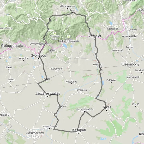 Map miniature of "Mátra Adventure" cycling inspiration in Észak-Magyarország, Hungary. Generated by Tarmacs.app cycling route planner