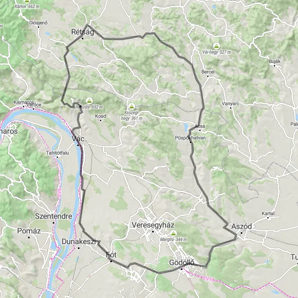 Map miniature of "The Vágás Road Cycling Adventure" cycling inspiration in Észak-Magyarország, Hungary. Generated by Tarmacs.app cycling route planner