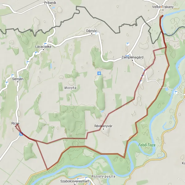 Map miniature of "Gravel Adventure through Ricse, Révleányvár, and Veľké Trakany" cycling inspiration in Észak-Magyarország, Hungary. Generated by Tarmacs.app cycling route planner