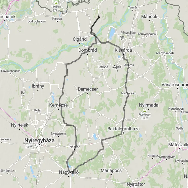 Map miniature of "Ricse to Tiszakanyár Loop" cycling inspiration in Észak-Magyarország, Hungary. Generated by Tarmacs.app cycling route planner