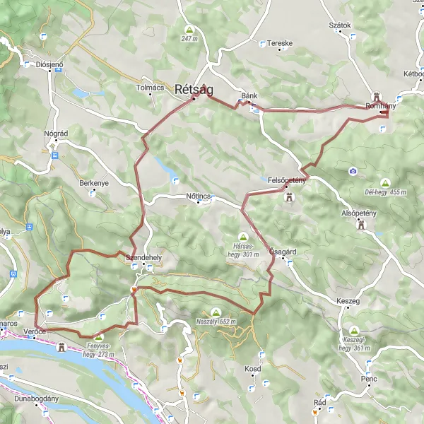Map miniature of "Romhány - Felsőpetény Gravel Adventure" cycling inspiration in Észak-Magyarország, Hungary. Generated by Tarmacs.app cycling route planner