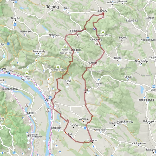 Map miniature of "Romhány - Prónay-kastély Gravel Adventure" cycling inspiration in Észak-Magyarország, Hungary. Generated by Tarmacs.app cycling route planner