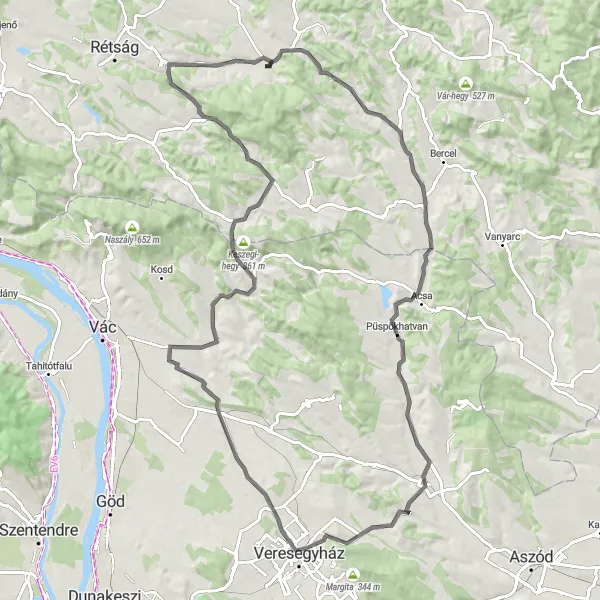 Map miniature of "Romhány - Bélacsai-hegy Extended" cycling inspiration in Észak-Magyarország, Hungary. Generated by Tarmacs.app cycling route planner