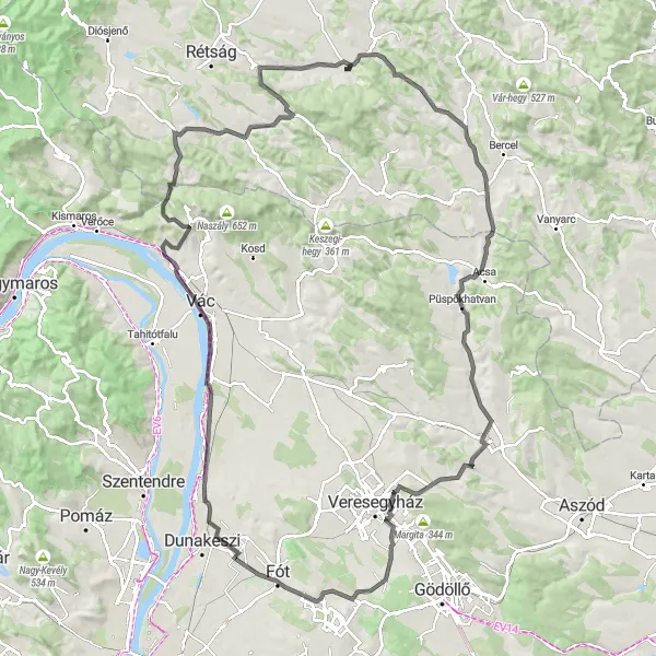 Map miniature of "Romhány to Vác Loop" cycling inspiration in Észak-Magyarország, Hungary. Generated by Tarmacs.app cycling route planner