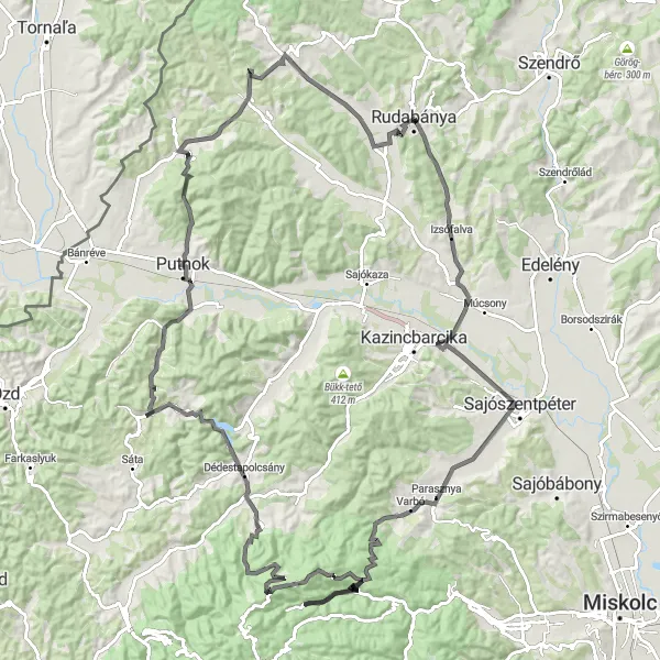 Map miniature of "Rudabánya to Izsófalva and Back" cycling inspiration in Észak-Magyarország, Hungary. Generated by Tarmacs.app cycling route planner