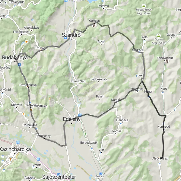 Map miniature of "Rudabánya to Izsófalva and Back" cycling inspiration in Észak-Magyarország, Hungary. Generated by Tarmacs.app cycling route planner