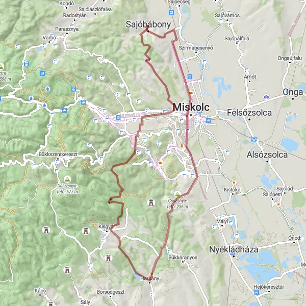 Map miniature of "Sajóbábony Gravel Adventure" cycling inspiration in Észak-Magyarország, Hungary. Generated by Tarmacs.app cycling route planner