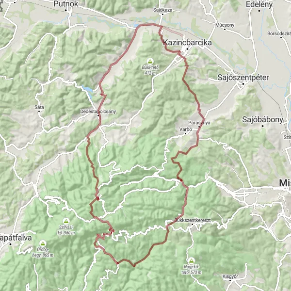 Map miniature of "Discover the Nature and History of Sajókaza by Gravel Cycling" cycling inspiration in Észak-Magyarország, Hungary. Generated by Tarmacs.app cycling route planner