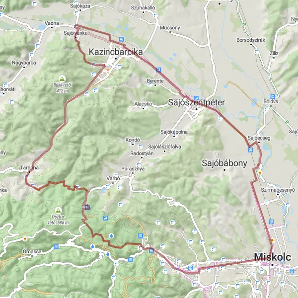 Map miniature of "Sajószentpéter and the Surrounding Gravel Roads" cycling inspiration in Észak-Magyarország, Hungary. Generated by Tarmacs.app cycling route planner